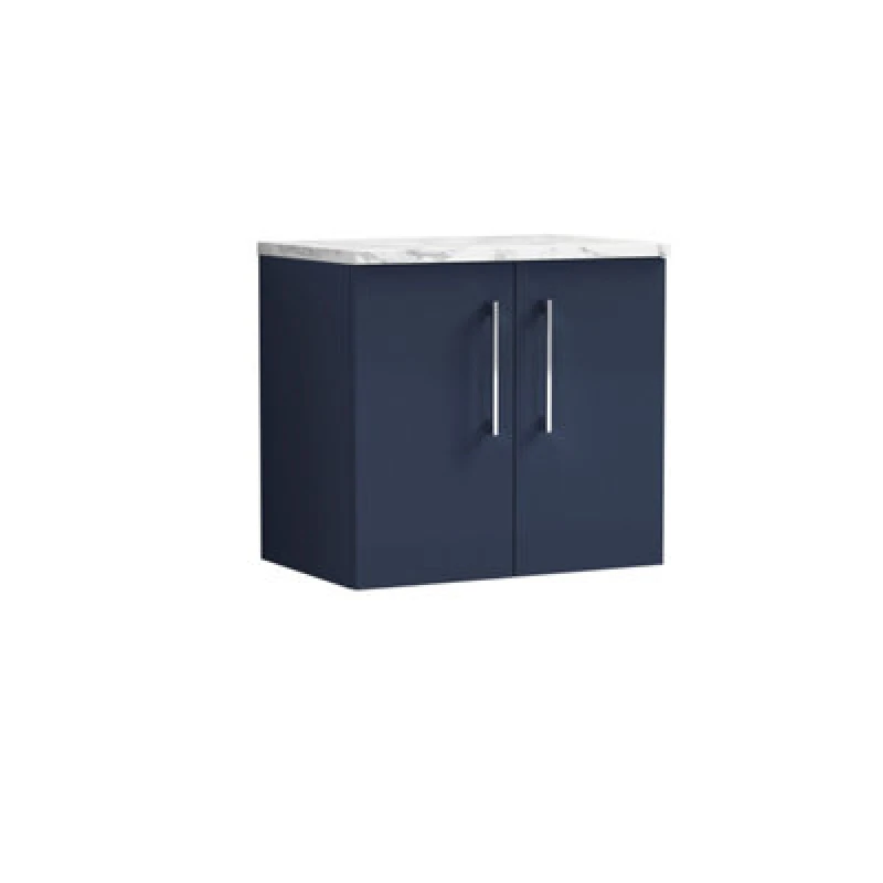 Image of Nuie Arno Wall Hung 2-Door Vanity & Carrera Marble Laminate Worktop, Stylish Counter Top Vanity Unit In Midnight Blue, 600mm