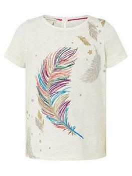 Image of Monsoon Girls Feather Graphic T-Shirt - Oatmeal, Size Age: 9-10 Years, Women