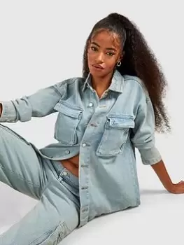 Image of Boohoo Oversized Denim Shacket - Blue Size 12, Women