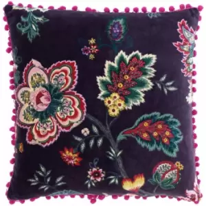 image of Riva Paoletti Palampur Indian Floral Print Pom Pom Fringe 100% Cotton Cushion Cover, Damson, 50 x 50 Cm