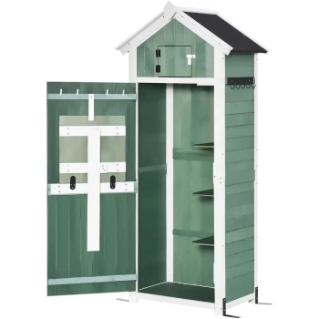 Image of Garden Wood Storage Shed with Workstation, Hooks and Ground Nails Multifunction Lockable Sheds & Outdoor Storage Asphalt Roof Tool Organizer, 182 x