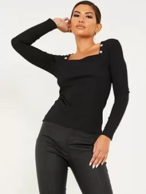 image of Quiz Ribbed Button Detail Top, Black, Size 6, Women