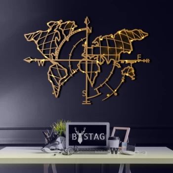 Image of World Map Compass LED - Gold Gold Decorative Metal Wall Accessory