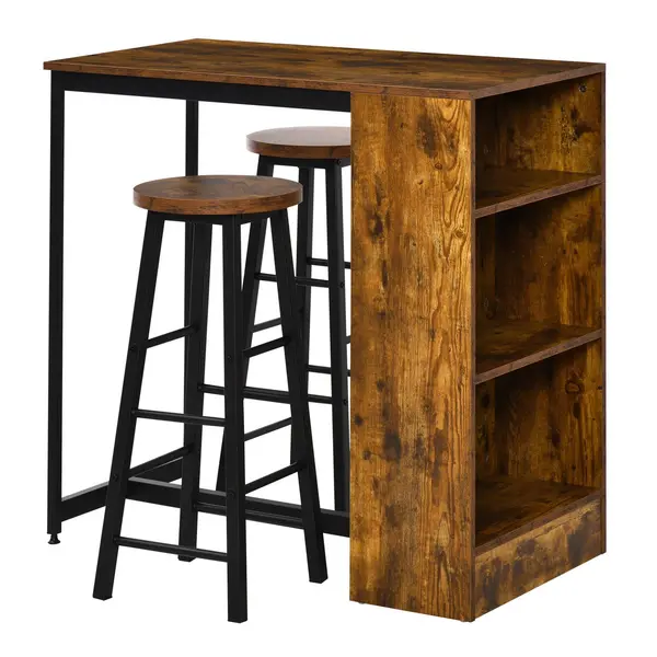 Image of HOMCOM 3 Pieces Bar Table Set Pub Dining Table with Storage Shelf 2 Stools Walnut