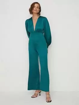 image of Oasis Satin Plunge Neck Balloon Sleeve Jumpsuit - Green, Size 12, Women