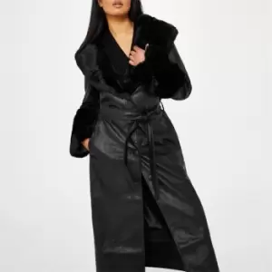 Missguided Faux Leather Contrast Trim Trench Coat - Black