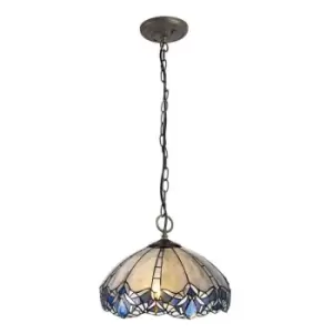 Image of 3 Light Downlight Ceiling Pendant E27 With 40cm Tiffany Shade, Blue, Clear Crystal, Aged Antique Brass - Luminosa Lighting