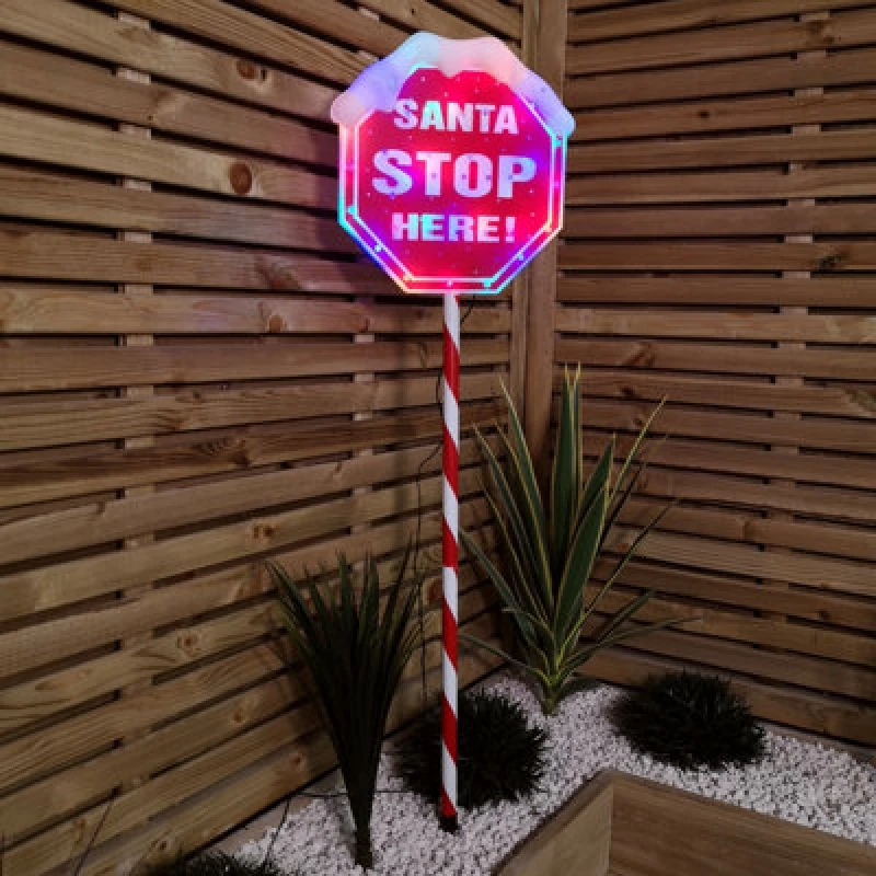 Image of Samuel Alexander Premier Christmas Light Up Santa Stop Here Garden Patio Sign 110Cm