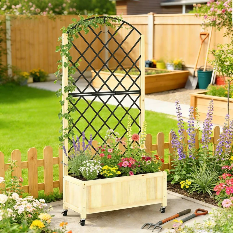 Image of OUTSUNNY Garden Bed w/Metal Trellis, Wooden Elevated Planter Box, Natural Natural Unisex