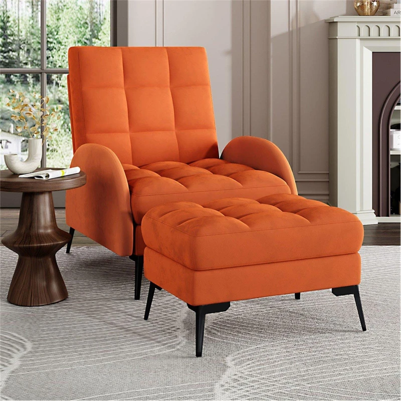 Image of Cottonfy UK Orange Recliner Armchair with Ottoman Footstool Orange M
