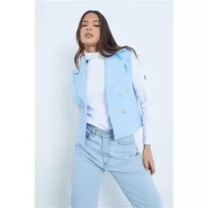 Image of I Saw It First Blue Military Button Sleeveless Coat - Blue