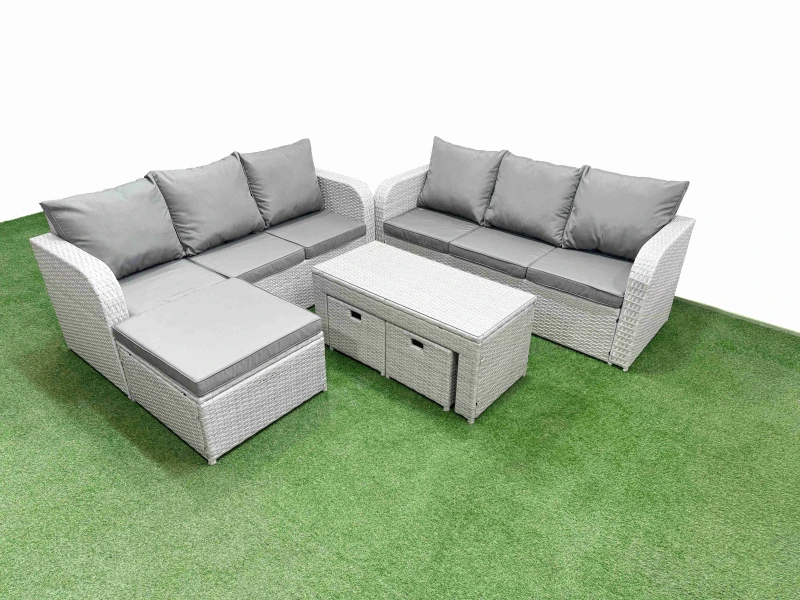 Image of Fimous Outdoor Garden Furniture Sets 9 Seater Wicker Rattan Furniture Sofa Sets with Oblong Coffee Table high Back Lounge Sofa 3 Stools Light Grey Lig