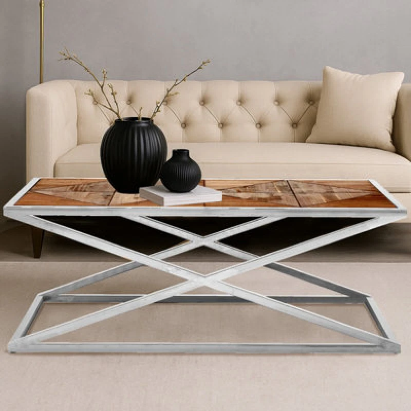 Image of Premier Housewares Interiors by Premier Modern Coffee Table with Stainless Steel Frame and Distressed Wood Top, Stylish Industrial Coffee Table Natura