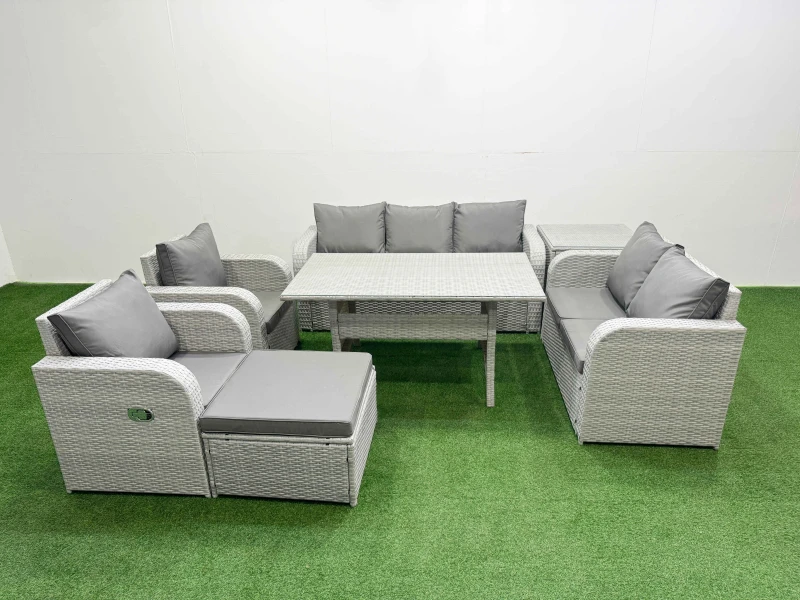 Image of Fimous PE Rattan Garden Furniture Set Reclining Chair Sofa Double Love Seat 2 Seater Sofa Lounge Set Rectangular Dining Table Big Footstool Side Table