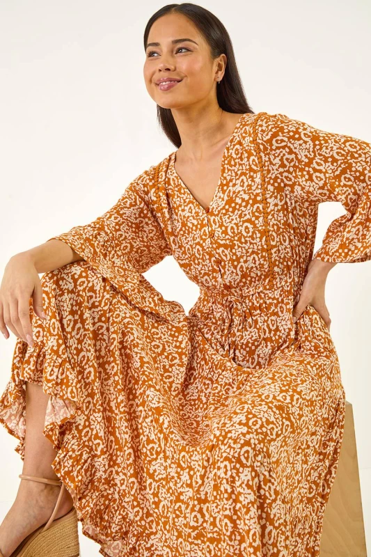 Image of Roman Womens Petite Abstract Print V-Neck Midi Dress in Orange Size: 18 Orange Female 18