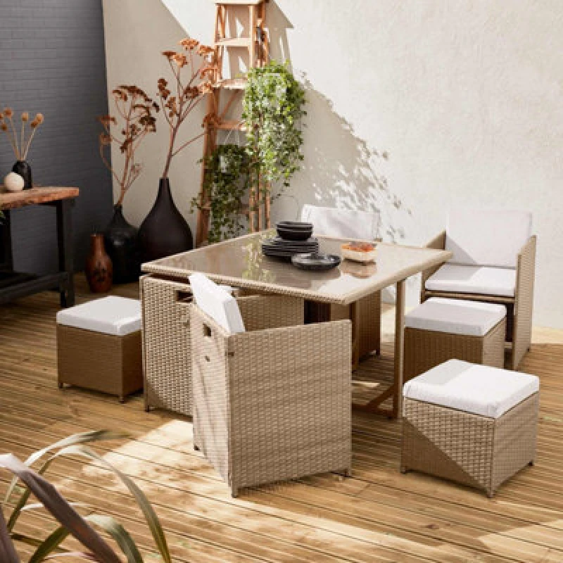 Image of sweeek 4 To 8-seater Rattan Cube Table Set With Chairs Beige