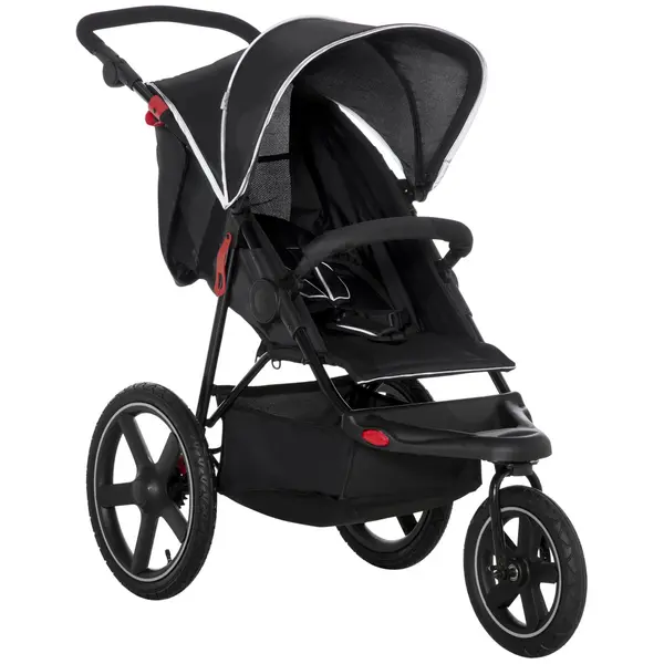 Image of HOMCOM Three Wheeler Pushchair, Lightweight Foldable Running Baby Stroller with Fully Reclining, Adjustable Handlebar Backrest, Sun Canopy Black