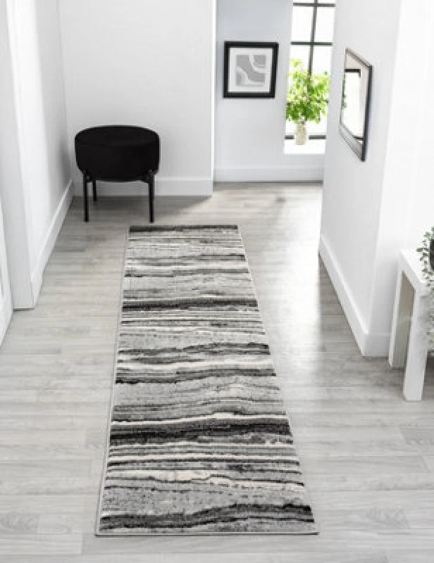 Image of Obsidian Modern Low Pile Area Rug - Coast Waves Abstract Design Grey 60Cm X 220Cm