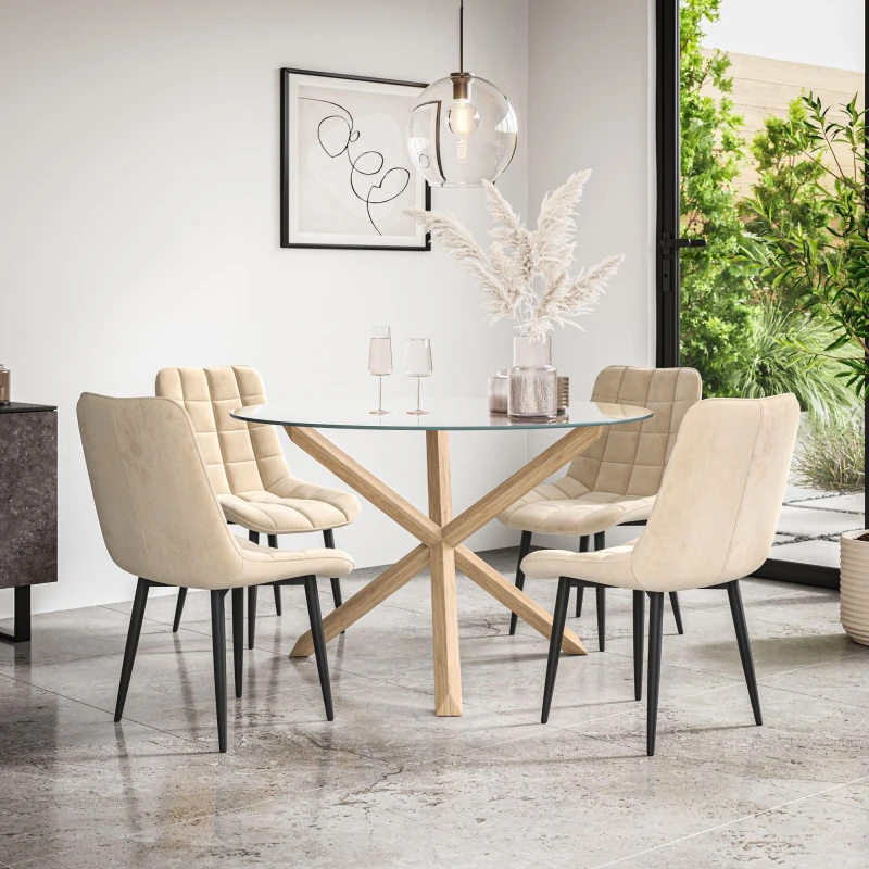 Image of More4Homes Malvern Round Dining Table And Chairs - Clear Glass Table Top W Solid Oak Legs + Nova Velvet Dining Chair Set Of 4 (Beige)