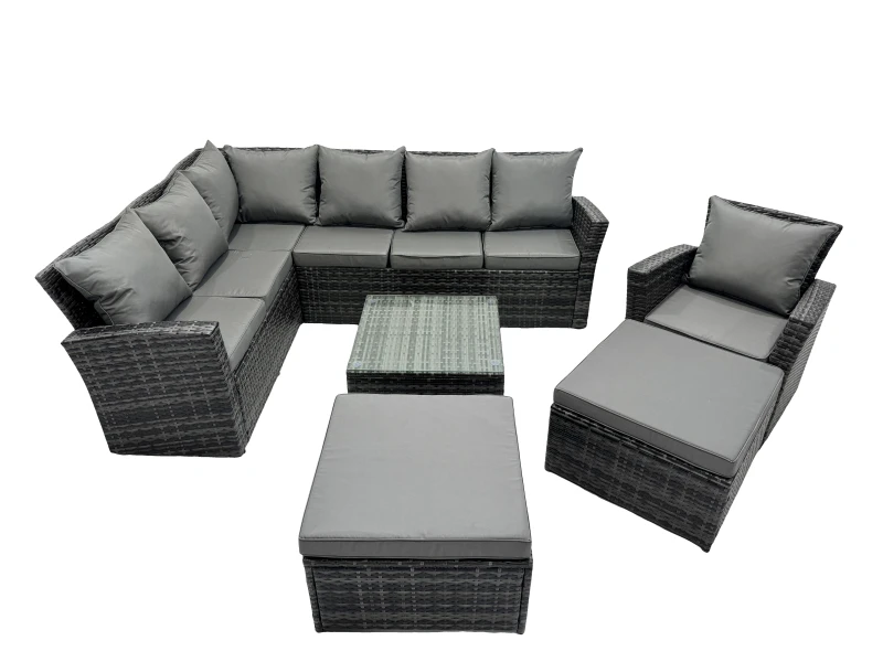 Image of Fimous 9 Seat Rattan Corner Sofa Set with 2 Big Stool Chair in Dark Grey Dark Grey Unisex