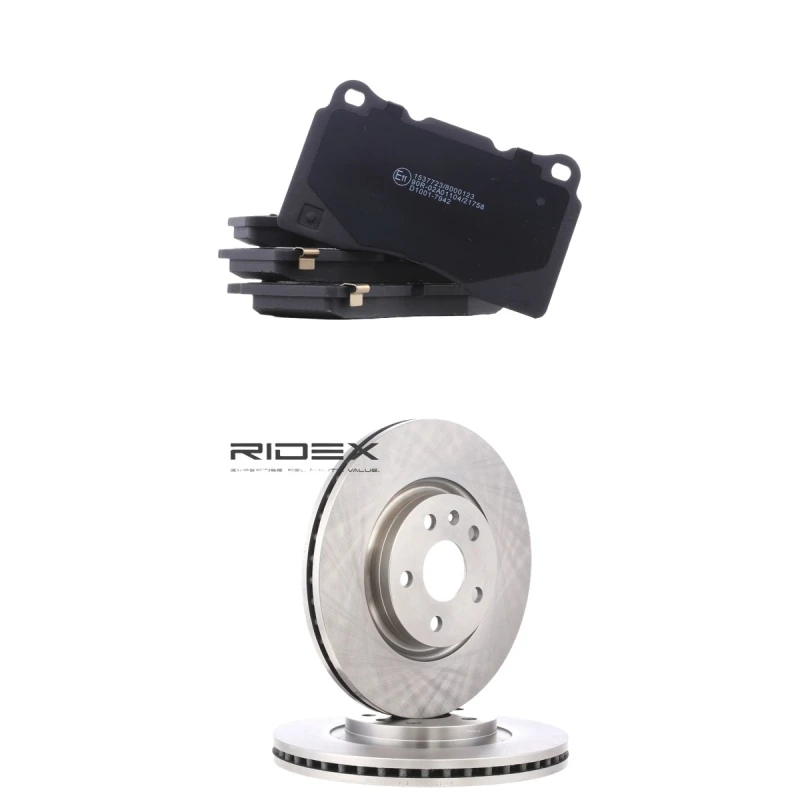 Image of RIDEX 3405B2643 Brake disc and pads set Front Axle, Brake Disc Type: Vented, with acoustic wear warning Brake Set,disc brakes (3405)
