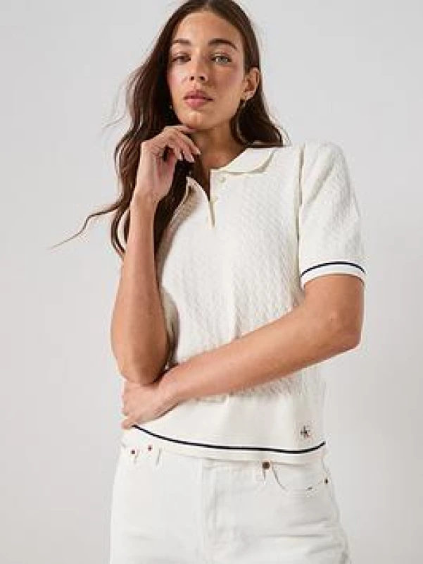 Image of Calvin Klein Jeans Womens Short Sleeve Polo Shirt - Cream Female 16