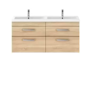 image of Nuie Athena 1200 Wall Hung 4-drawer Vanity & Ceramic Double Basin - Natural Oak