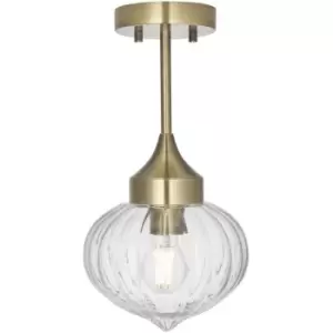 image of Semi Flush Ceiling Light Fitting - Antique Brass Plate & Ribbed Glass Shade