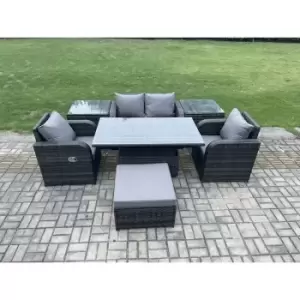 image of Fimous 3 Seater Outdoor Dark Grey Rattan Lounge Sofa Complete Set with Height Adjustable Table and Big FootStool