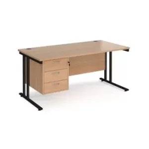 image of Office Desk Rectangular Desk 1600mm With Pedestal Beech Top With Black Frame 800mm Depth Maestro 25 MC16P3KB