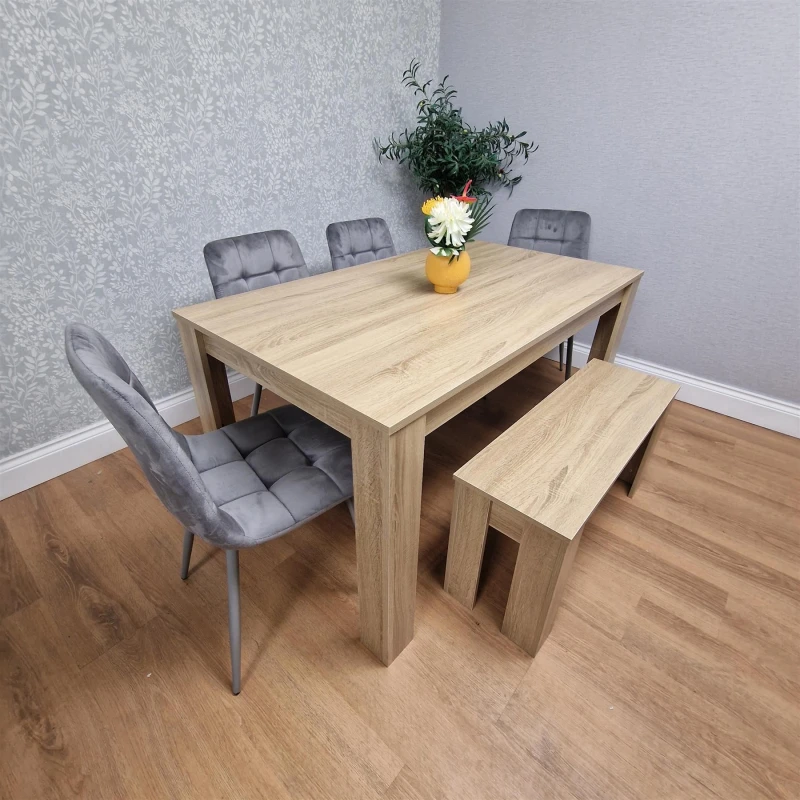 Image of KOSY KOALA Dining Table and 4 Chairs With Bench Oak Effect Wood 4 Grey Velvet Chairs Dining Room Oak table 140 + 4 grey rocco + 1 bench