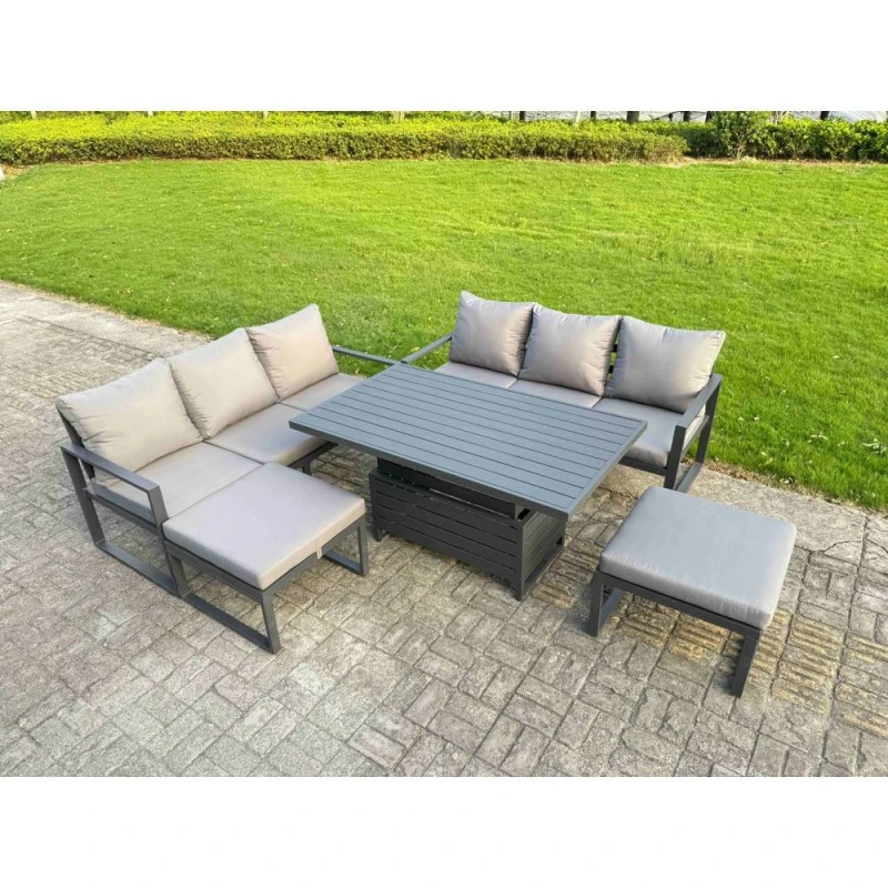 Image of Fimous Aluminum 5 Piece Sofa Set with Lifting Table, Cushions & 2 Small Stool in Dark Grey Dark Grey Unisex