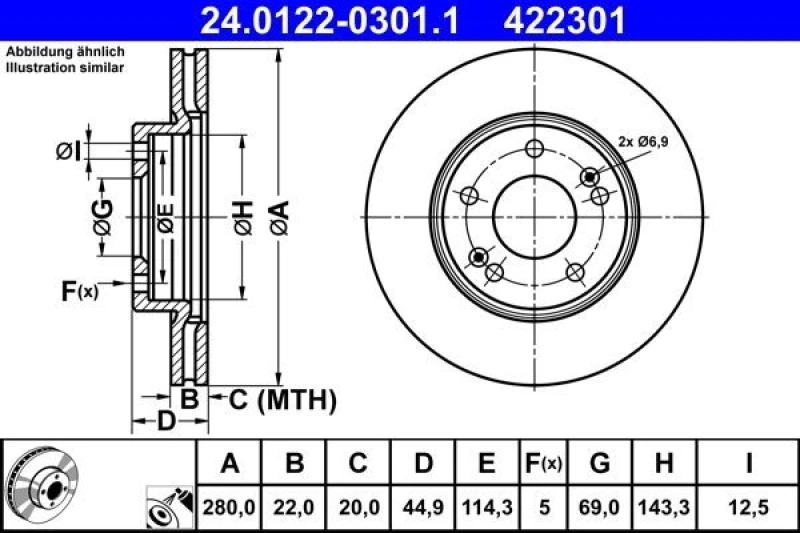 Image of Brake disc ATE 24.0122-0301.1