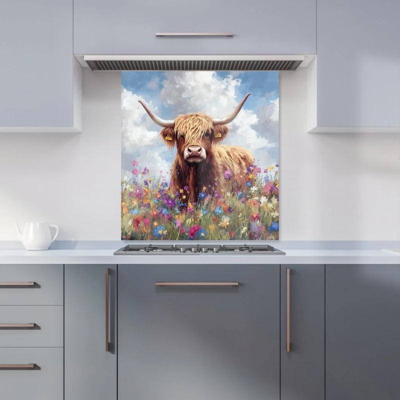 Image of Warren Reed - Designer Highland Cow In A Summer Meadow Kitchen Splashback Size: 700mm x 750mm Multicolor Unisex 700mm x 750mm
