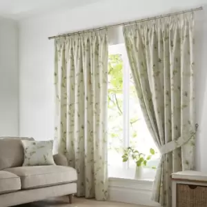 image of Fusion Meadow Leaves Botanical Print 100% Cotton Pencil Pleat Curtains, Green, 46 x 54 Inch