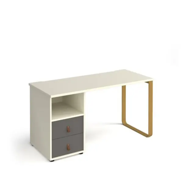 image of Cairo straight desk 1400mm x 600mm with sleigh frame leg and support pedestal with drawers - brass frame, white finish with grey drawers