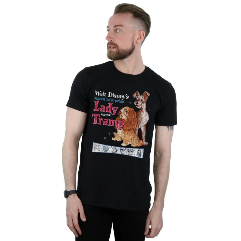 Image of Disney Men Lady And The Tramp Distressed Classic Poster T-Shirt in Black Size: Small Black S Male 5059400513615