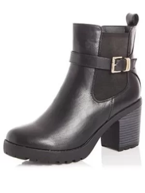 image of Quiz Faux Leather Buckle Chunky Heel Boots, Black, Size 8, Women