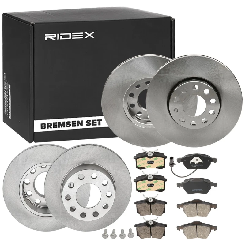 Image of RIDEX 3405B0353 Brake disc and pads set Rear Axle, Brake Disc Type: Solid, incl. wear warning contact Brake Set,disc brakes (3405)