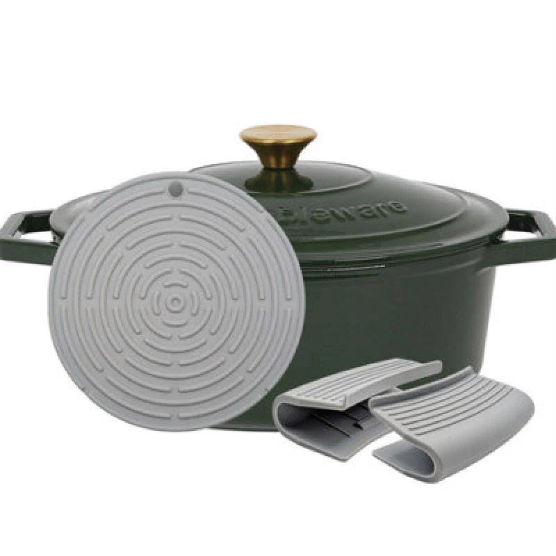 Image of Argon Tableware Oval Cast Iron Casserole Dish - 4.68L Green Enamel Finish, Oven Safe Dutch Oven Cookware With Lid