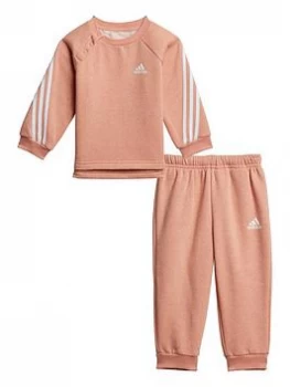 Image of Adidas Infant Unisex 3 Stripe Crew & Jog Pant Set, Pink/White, Size 18-24 Months