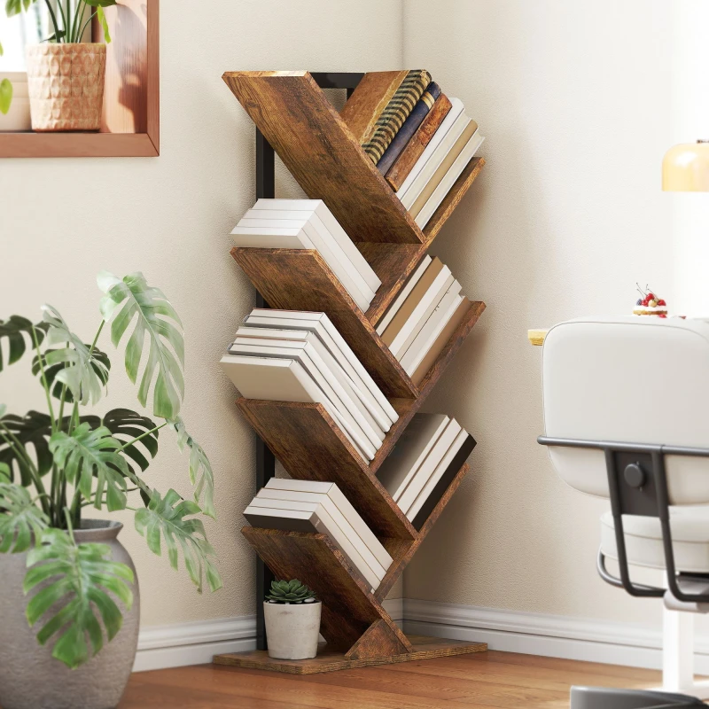 Image of HOMCOM HOMCOM Freestanding Tree Bookshelf, Industrial Bookcase with Steel Frame, Rustic Brown Brown One Size Unisex 5063603226371