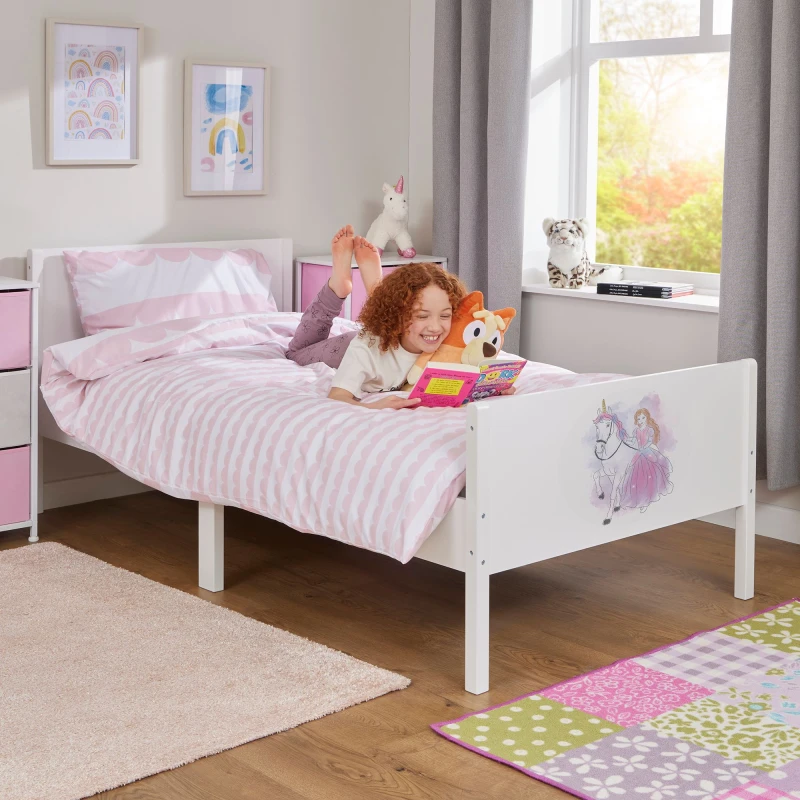 Image of Liberty House Toys Girl's Kids White Single Bed - Princess & Unicorn White Female Single