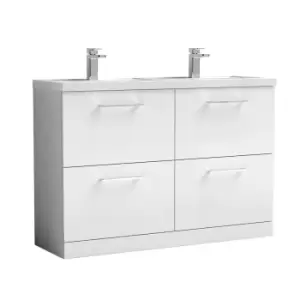 image of Nuie Arno 1200mm Floor Standing 4 Drawer Vanity & Double Polymarble Mid-Edge Basin Gloss White