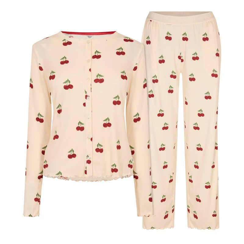Image of Chelsea Peers Womens Ribbed Long Sleeve Pyjama Set Cherry Stripes female 10 (S)