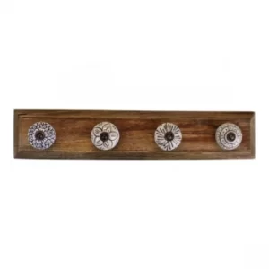 4 Single Ceramic Ivory Coat Hooks On Wooden Base