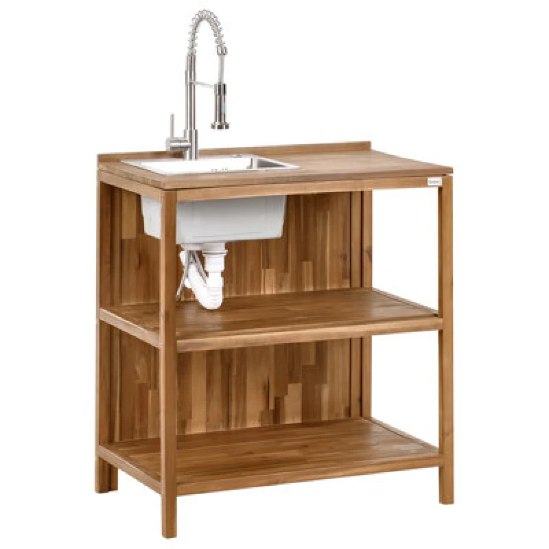 Image of Beliani Outdoor Kitchen Island With Sink Venosa Acacia Wood Brown/ Silver