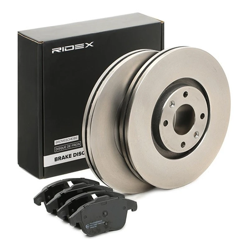 Image of RIDEX 3405B1499 Brake disc and pads set Front Axle, Brake Disc Type: Vented, excl. wear warning contact, with piston clip Brake Set,disc brakes (3405