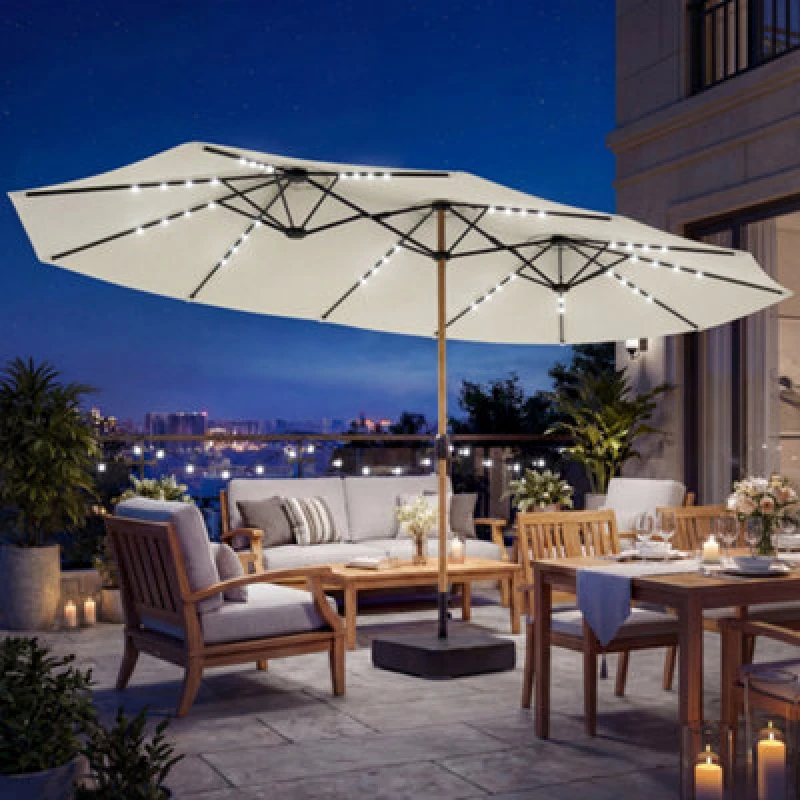 Image of OUTSUNNY 4.6m Double Sided Garden Parasol with 48 Solar LED Lights in Cream Size: 4.5m Cream Unisex 4.5m