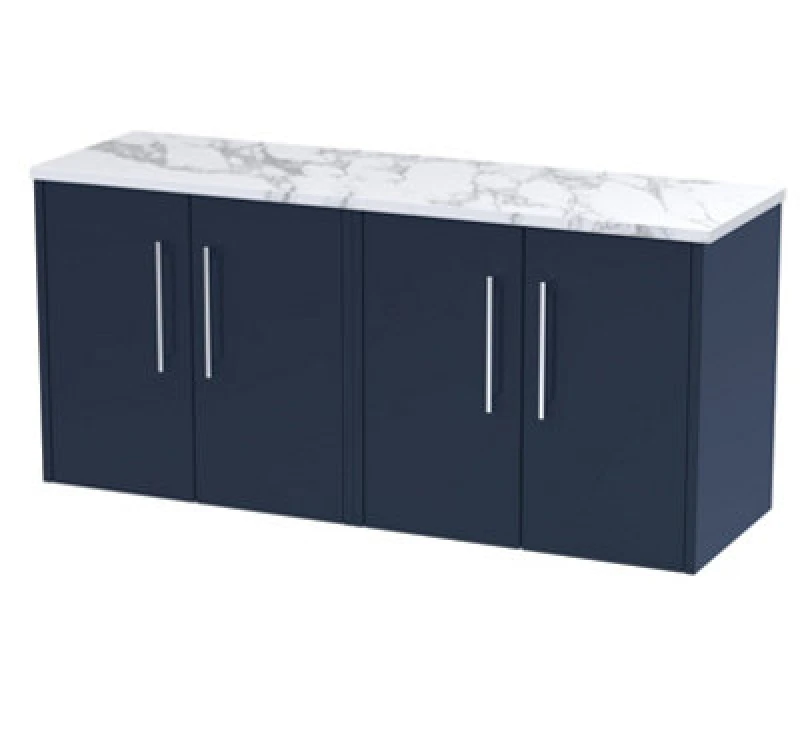 Image of HUDSON REED Hudson Reed - Juno Wall Hung 4-Door Vanity Unit with Carrera Marble Worktop 1200mm Wide - Midnight Blue JNU2923LCM2